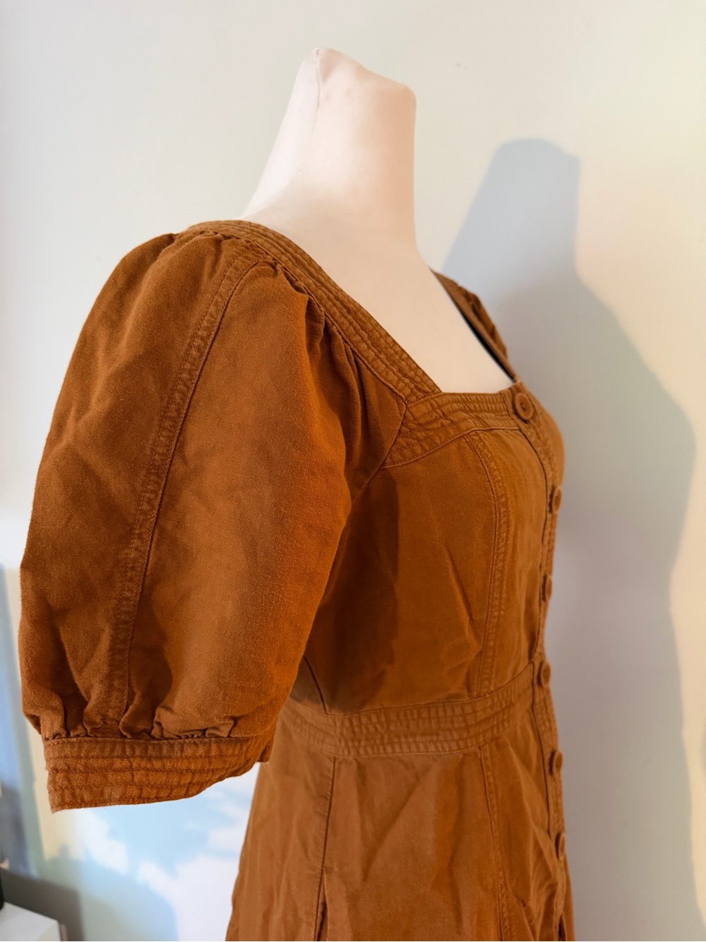 Madewell Seamed Puff-Sleeve Midi Dress Warm Coffee Size 0 Linen Blend - Picture 10 of 15